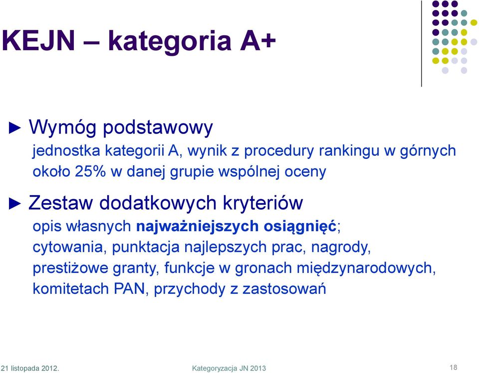 najważniejszych osiągnięć; cytowania, punktacja najlepszych prac, nagrody, prestiżowe granty,