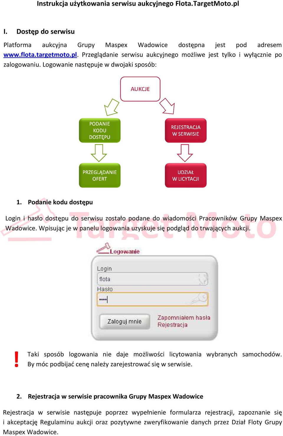 Wpisując je w panelu logowania uzyskuje się podgląd do trwających aukcji. Taki sposób logowania nie daje możliwości licytowania wybranych samochodów.