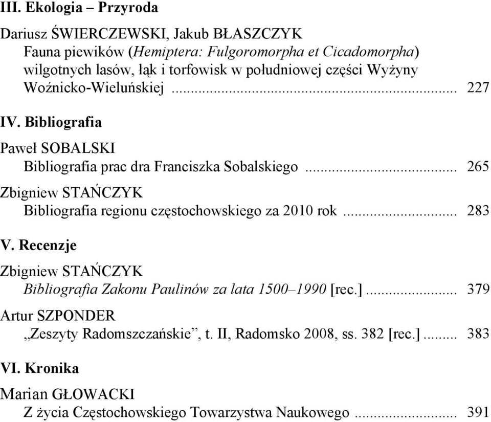 .. 265 Zbigniew STAŃCZYK Bibliografia regionu częstochowskiego za 2010 rok... 283 V.
