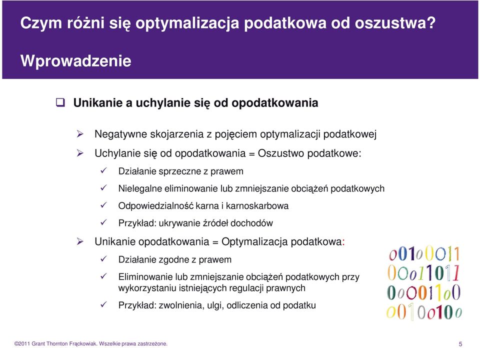 ukrywanie źródeł dochodów Unikanie opodatkowania = Optymalizacja podatkowa: Działanie zgodne z prawem Eliminowanie lub zmniejszanie obciąŝeń podatkowych