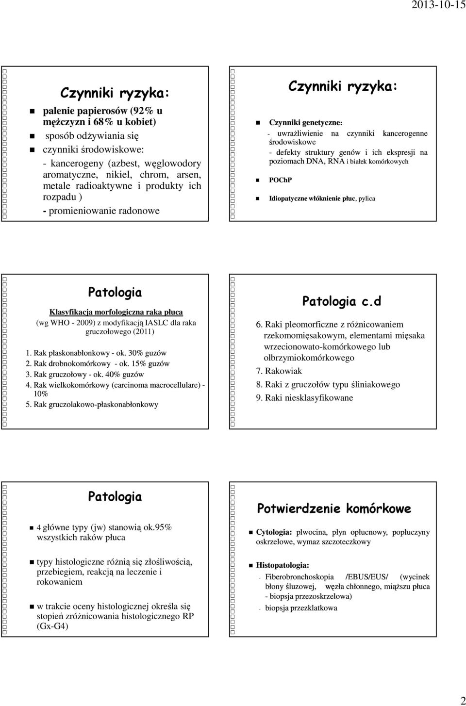 na poziomach DNA, RNA i białek komórkowych POChP Idiopatyczne włóknienie płuc,, pylica Patologia Klasyfikacja morfologiczna raka płuca (wg WHO - 2009) z modyfikacją IASLC dla raka gruczołowego (2011)