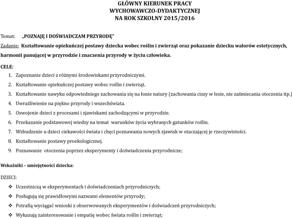 Kształtowanie opiekuńczej postawy wobec roślin i zwierząt. 3. Kształtowanie nawyku odpowiedniego zachowania się na łonie natury (zachowania ciszy w lesie, nie zaśmiecania otoczenia itp.) 4.