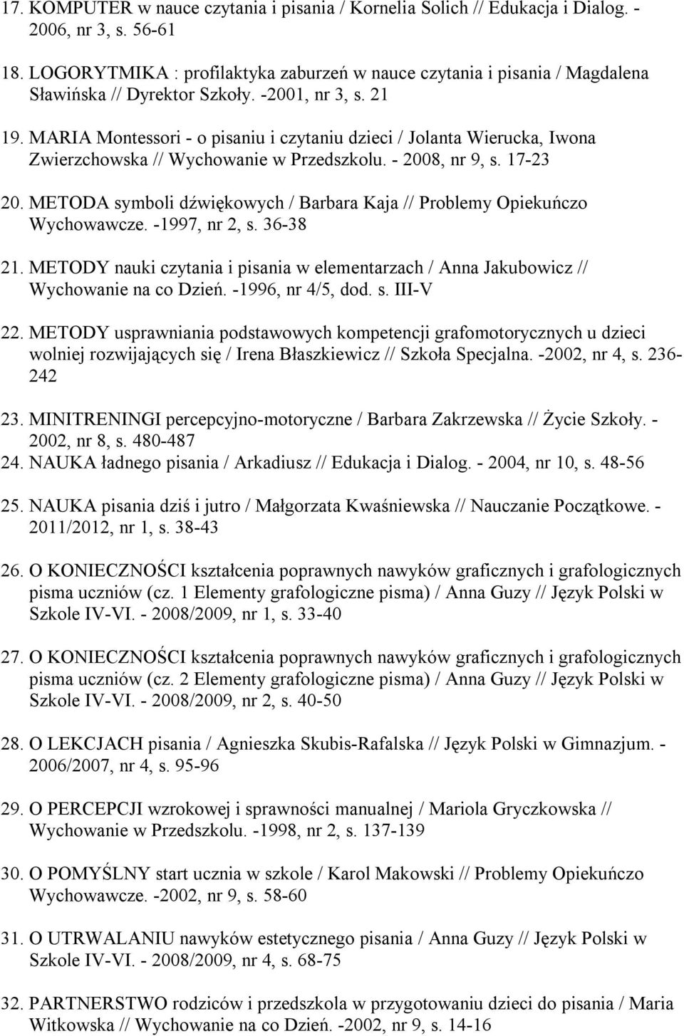 MARIA Montessori - o pisaniu i czytaniu dzieci / Jolanta Wierucka, Iwona Zwierzchowska // Wychowanie w Przedszkolu. - 2008, nr 9, s. 17-23 20.
