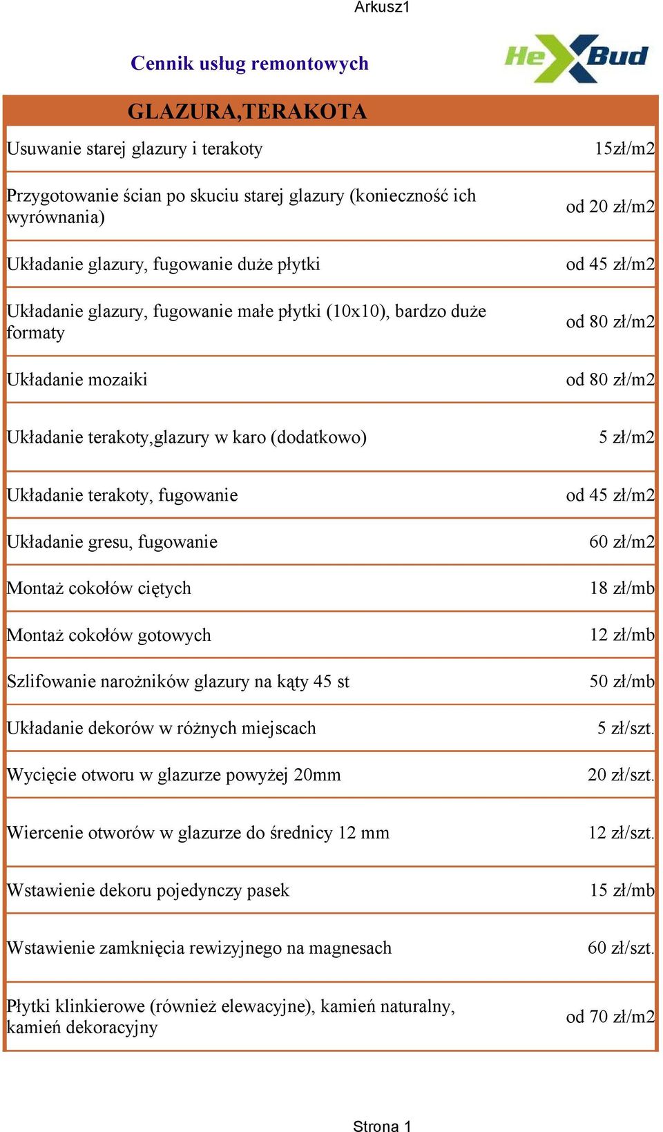 fugowanie Układanie gresu, fugowanie Montaż cokołów ciętych Montaż cokołów gotowych Szlifowanie narożników glazury na kąty 45 st Układanie dekorów w różnych miejscach Wycięcie otworu w glazurze