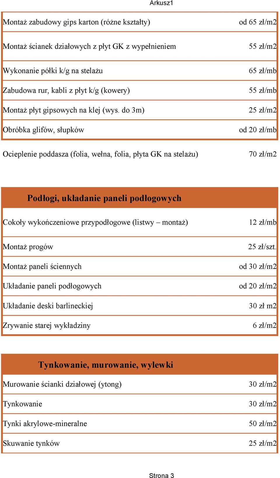 do 3m) Obróbka glifów, słupków 65 zł/mb 55 zł/mb 25 zł/m2 od 20 zł/mb Ocieplenie poddasza (folia, wełna, folia, płyta GK na stelażu) 70 zł/m2 Podłogi, układanie paneli podłogowych Cokoły