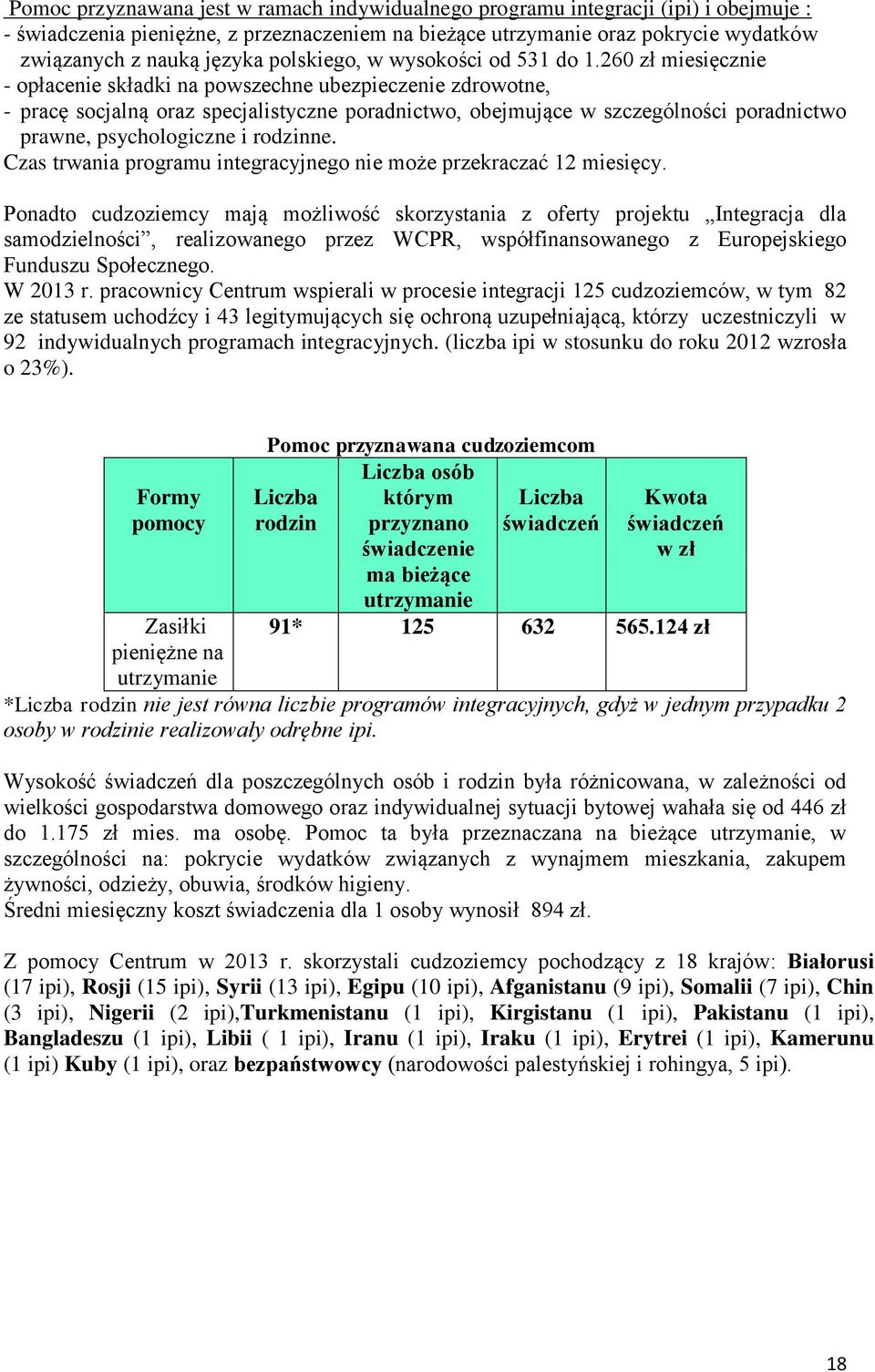 260 zł miesięcznie - opłacenie składki na powszechne ubezpieczenie zdrowotne, - pracę socjalną oraz specjalistyczne poradnictwo, obejmujące w szczególności poradnictwo prawne, psychologiczne i