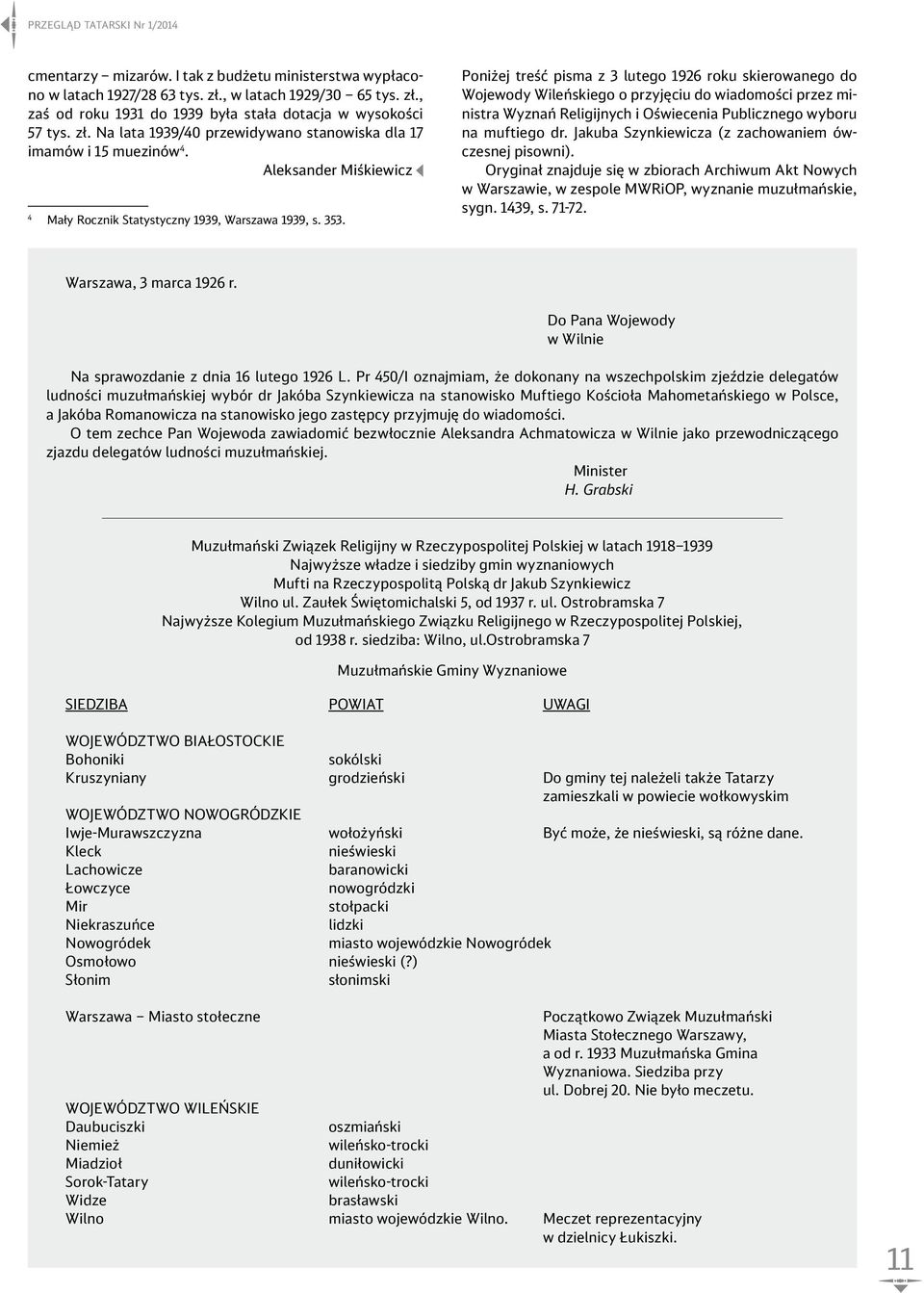 Poniżej treść pisma z 3 lutego 1926 roku skierowanego do Wojewody Wileńskiego o przyjęciu do wiadomości przez ministra Wyznań Religijnych i Oświecenia Publicznego wyboru na muftiego dr.