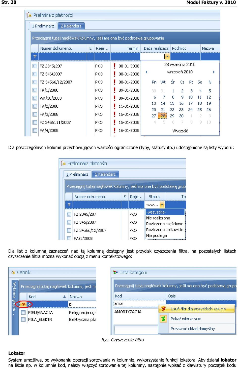 czyszczenie filtra można wykonać opcją z menu kontekstowego: Rys.