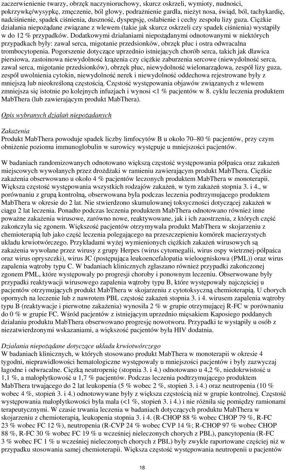 Ciężkie działania niepożądane związane z wlewem (takie jak skurcz oskrzeli czy spadek ciśnienia) wystąpiły w do 12 % przypadków.