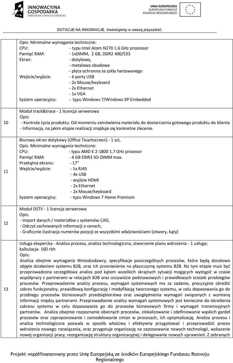 1x VGA System operacyjny: - typu Windows 7/Windows XP Embedded 10 11 12 13 Moduł track&trace - 1 licencja serwerowa - Kontrola życia produktu.