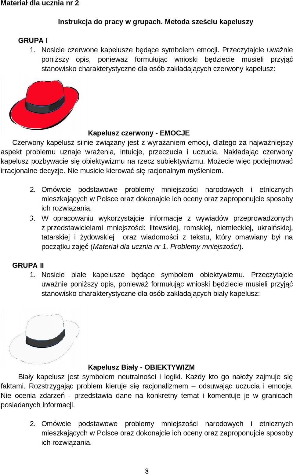 kapelusz silnie związany jest z wyrażaniem emocji, dlatego za najważniejszy aspekt problemu uznaje wrażenia, intuicje, przeczucia i uczucia.