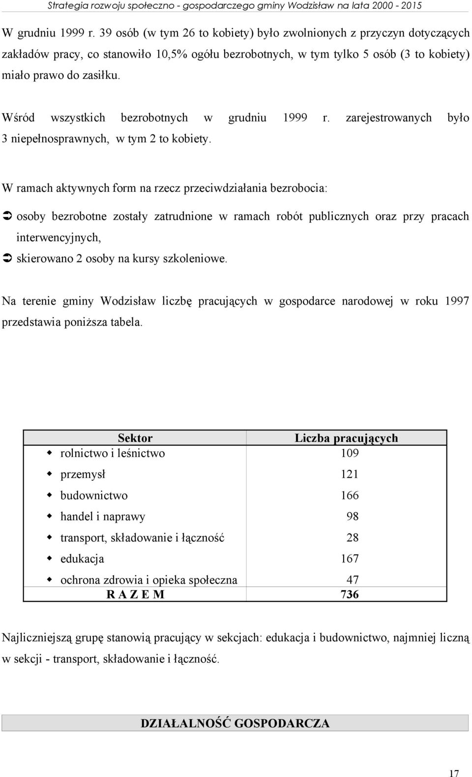 zatrudnione w ramach robót publicznych oraz przy pracach interwencyjnych, skierowano 2 osoby na kursy szkoleniowe Na terenie gminy Wodzisław liczbę pracujących w gospodarce narodowej w roku 1997