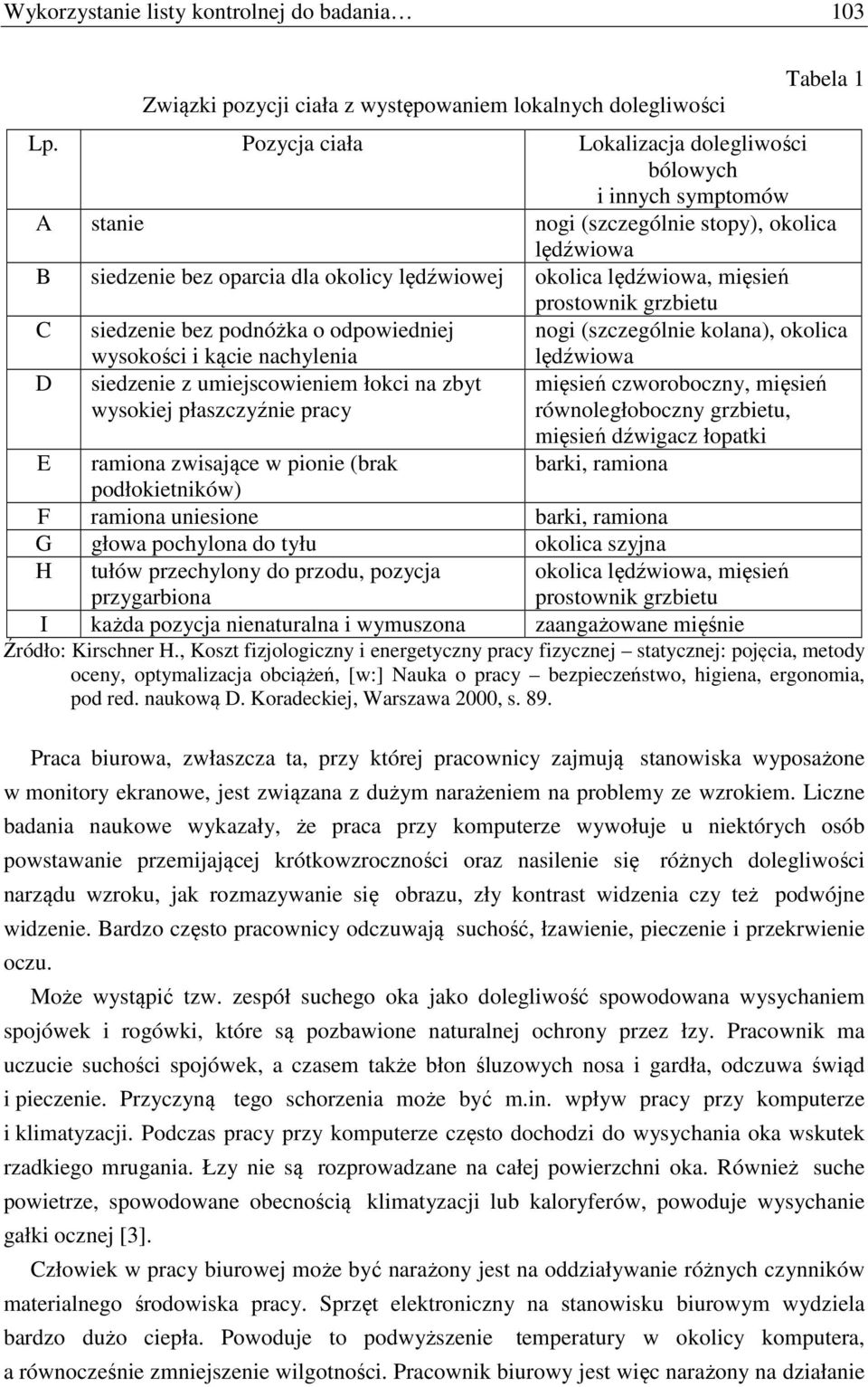 prostownik grzbietu C siedzenie bez podnóżka o odpowiedniej nogi (szczególnie kolana), okolica D wysokości i kącie nachylenia siedzenie z umiejscowieniem łokci na zbyt wysokiej płaszczyźnie pracy