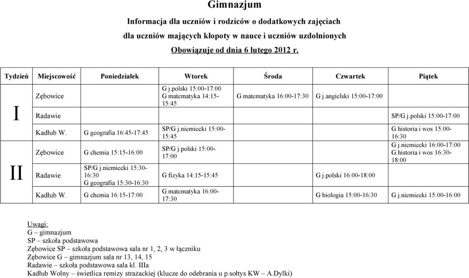 G chemia 16:15- SP/G j.polski 15:00- G fizyka 14:15- G j.polski - G matematyka - G historia i wos 15:00- G j.