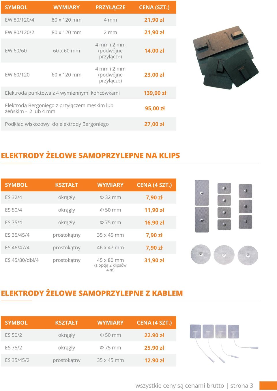 zł 27,00 zł ELEKTRODY ŻELOWE SAMOPRZYLEPNE NA KLIPS SYMBOL KSZTAŁT WYMIARY CENA (4 SZT.
