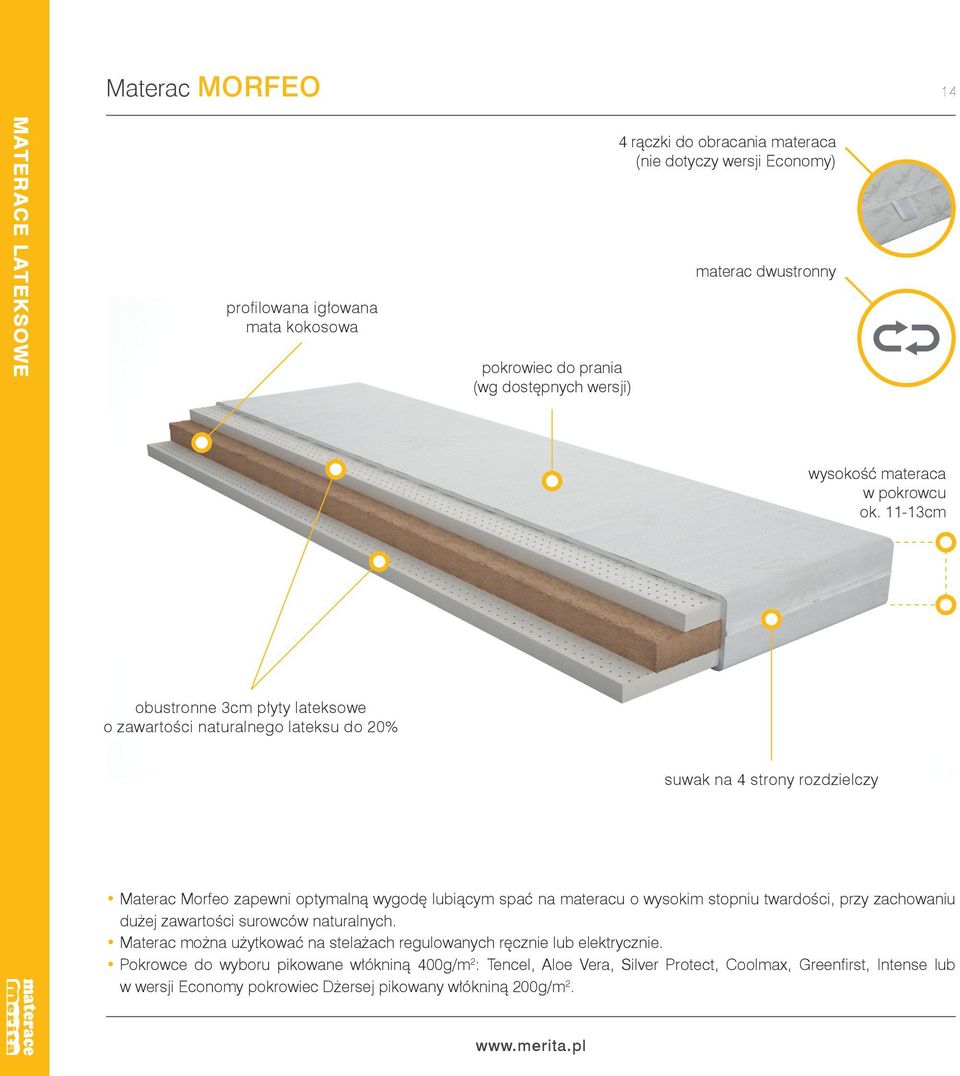 11-13cm obustronne 3cm płyty lateksowe o zawartości naturalnego lateksu do 20% suwak na 4 strony rozdzielczy Materac Morfeo zapewni optymalną wygodę lubiącym spać na