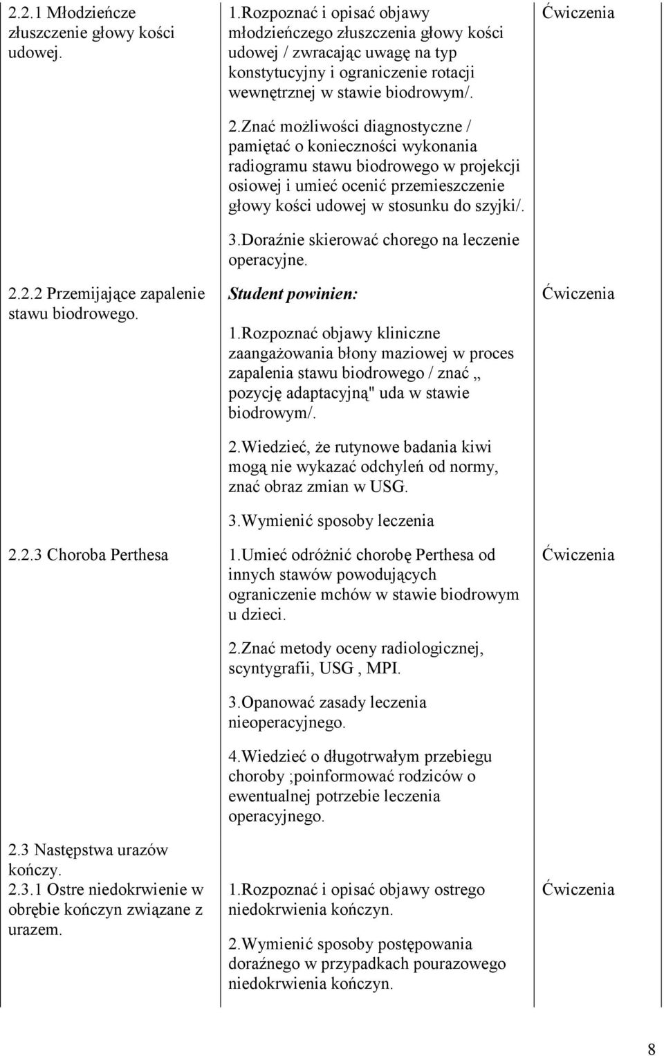 Znać możliwości diagnostyczne / pamiętać o konieczności wykonania radiogramu stawu biodrowego w projekcji osiowej i umieć ocenić przemieszczenie głowy kości udowej w stosunku do szyjki/. 3.