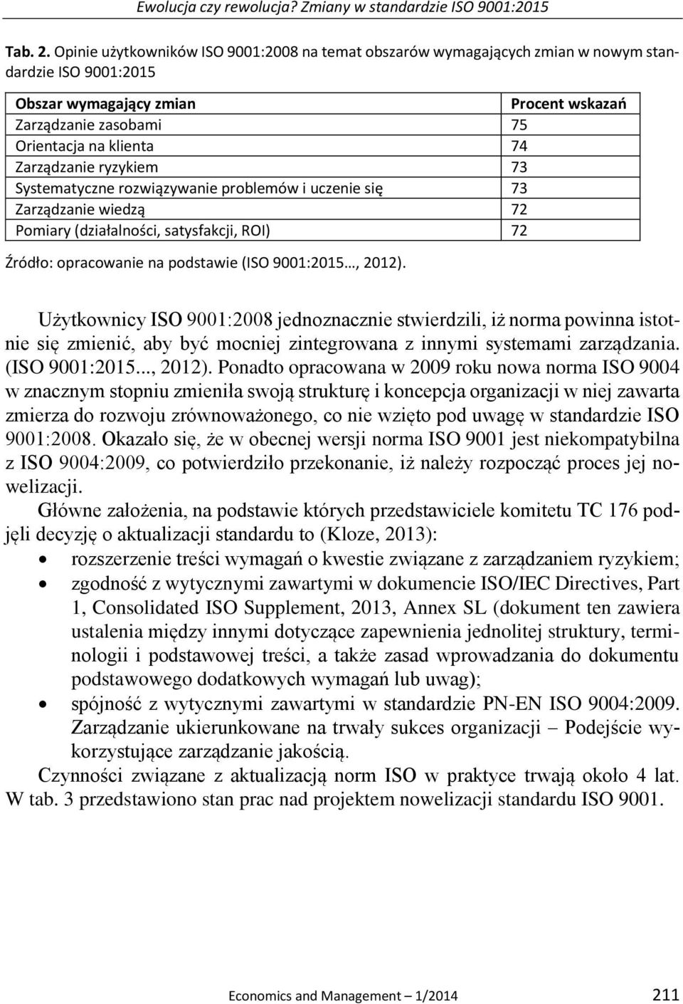 Zarządzanie ryzykiem 73 Systematyczne rozwiązywanie problemów i uczenie się 73 Zarządzanie wiedzą 72 Pomiary (działalności, satysfakcji, ROI) 72 Źródło: opracowanie na podstawie (ISO 9001:2015, 2012).