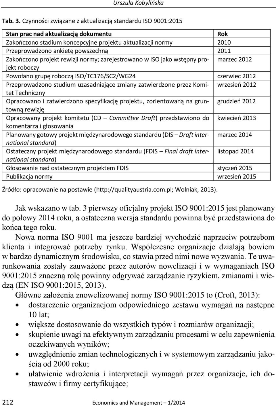 2011 Zakończono projekt rewizji normy; zarejestrowano w ISO jako wstępny projekt marzec 2012 roboczy Powołano grupę roboczą ISO/TC176/SC2/WG24 czerwiec 2012 Przeprowadzono studium uzasadniające