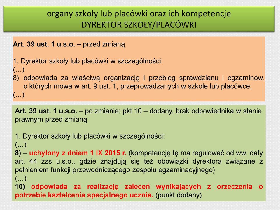 1, przeprowadzanych w szkole lub placówce; ( ) Art. 39 ust. 1 u.s.o. po zmianie; pkt 10 dodany, brak odpowiednika w stanie prawnym przed zmianą 1.