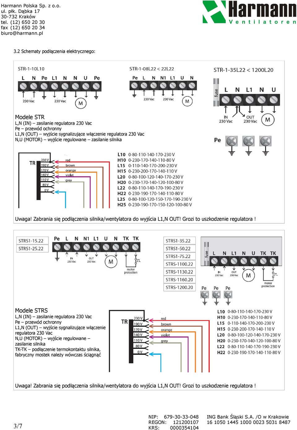 Modele STRS L,N (IN) zasilanie regulatora 230 Vac Pe przewód ochronny L1,N (OUT) wyjście sygnalizujące włączenie regulatora 230 Vac N,U (MOTOR) wyjście regulowane