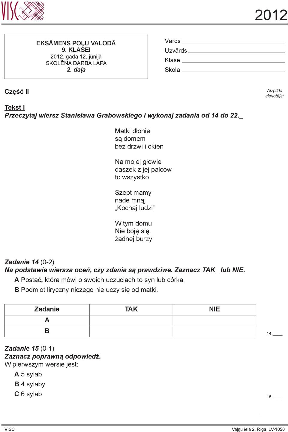 Matki dłonie są domem bez drzwi i okien Na mojej głowie daszek z jej palcówto wszystko Szept mamy nade mną: Kochaj ludzi W tym domu Nie boję się żadnej burzy Zadanie 14 (0-2) Na podstawie