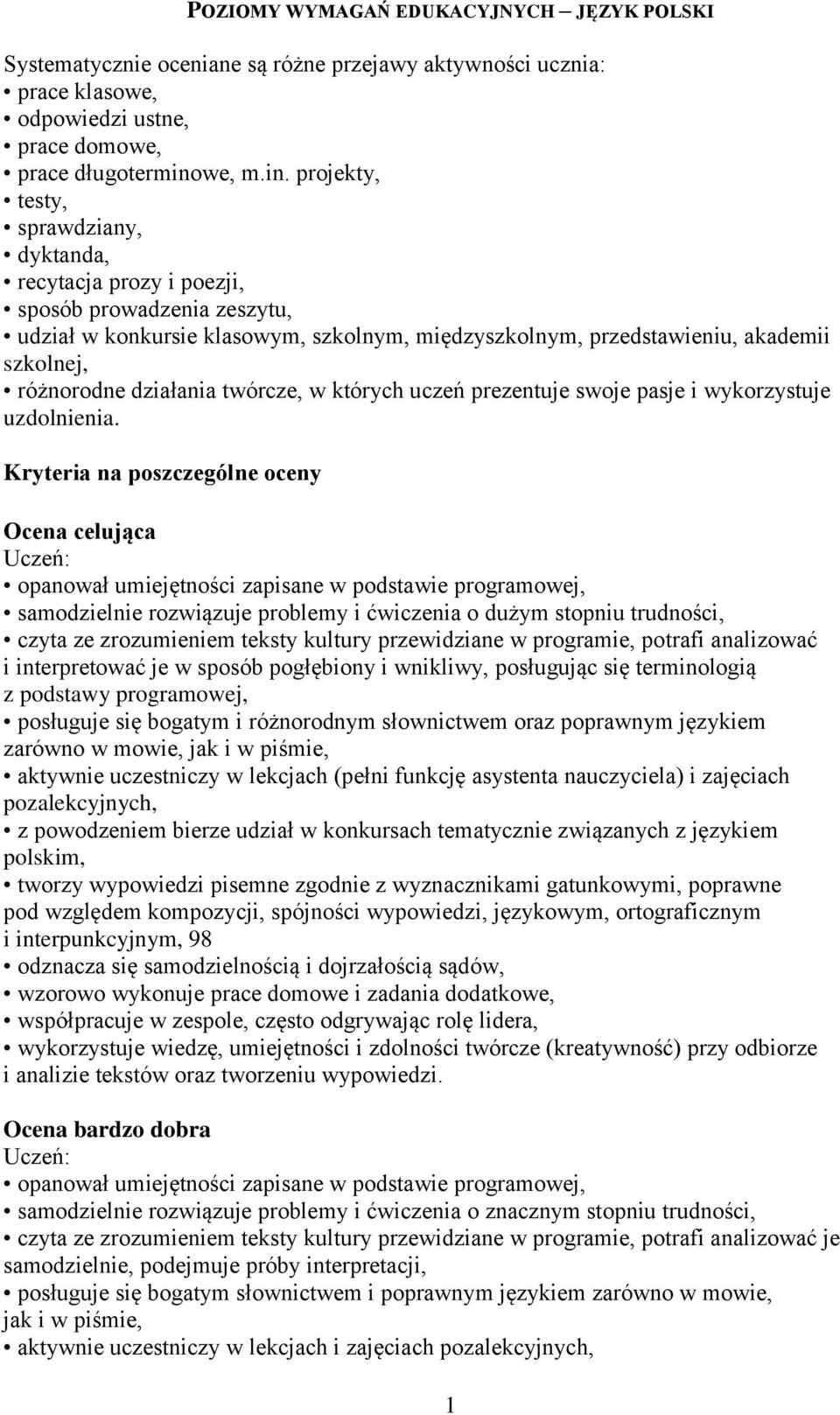 projekty, testy, sprawdziany, dyktanda, recytacja prozy i poezji, sposób prowadzenia zeszytu, udział w konkursie klasowym, szkolnym, międzyszkolnym, przedstawieniu, akademii szkolnej, różnorodne