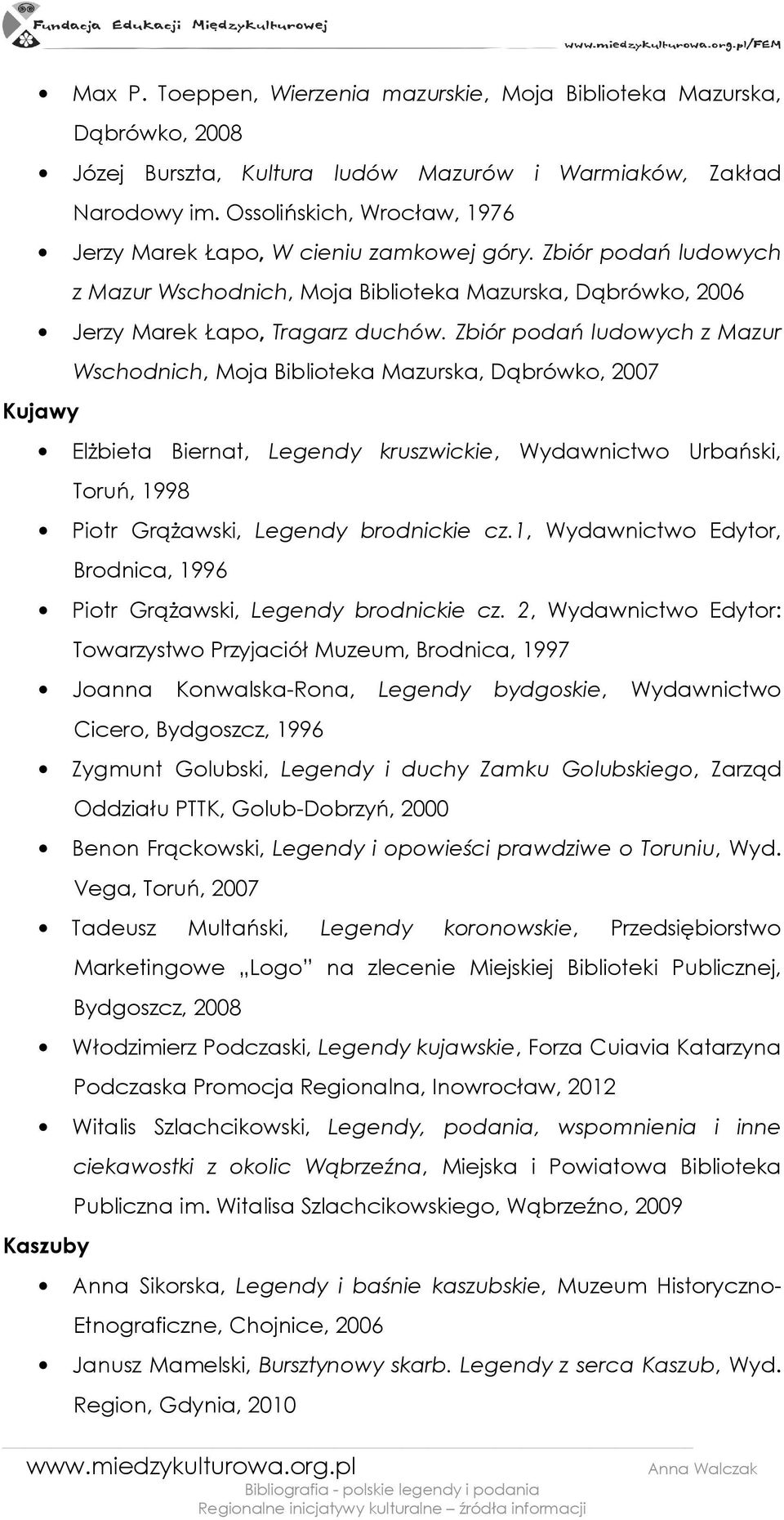 Zbiór podań ludowych z Mazur Kujawy Wschodnich, Moja Biblioteka Mazurska, Dąbrówko, 2007 ElŜbieta Biernat, Legendy kruszwickie, Wydawnictwo Urbański, Toruń, 1998 Piotr GrąŜawski, Legendy brodnickie