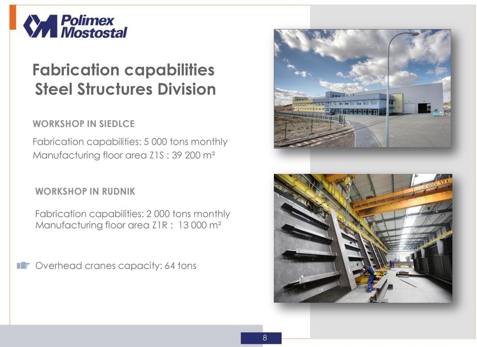 : 39 200 m² WORKSHOP IN RUDNIK Fabrication capabilities: 2 000 tons