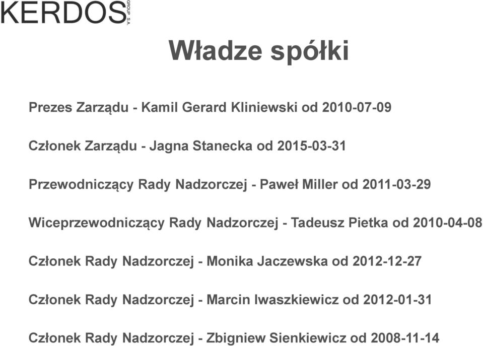 Nadzorczej - Tadeusz Pietka od 2010-04-08 Członek Rady Nadzorczej - Monika Jaczewska od 2012-12-27