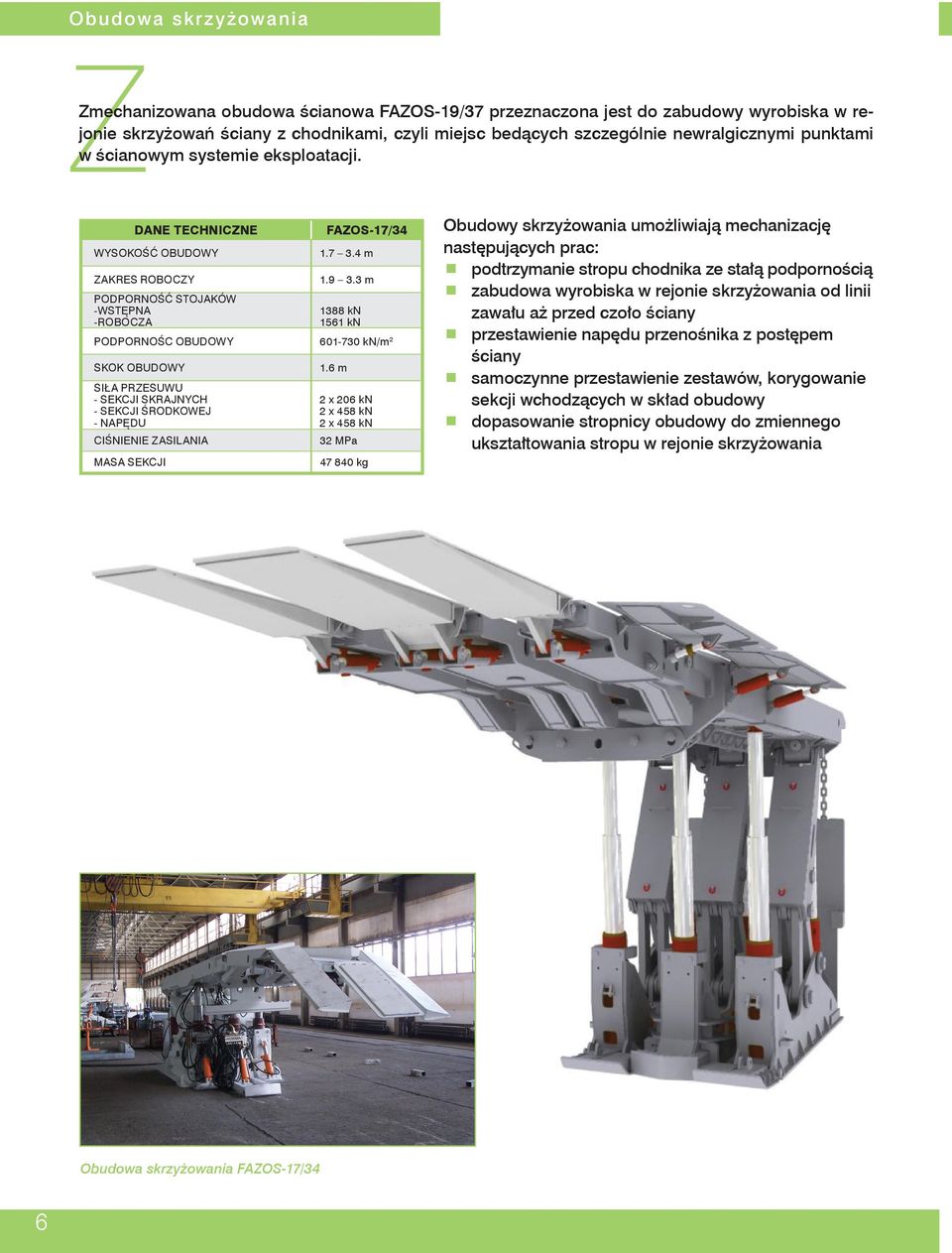 3 m PODPORNOŚĆ STOJAKÓW -WSTĘPNA 1388 kn -ROBOCZA 1561 kn PODPORNOŚC OBUDOWY 601-730 kn/m 2 SKOK OBUDOWY SIŁA PRZESUWU - SEKCJI SKRAJNYCH - SEKCJI ŚRODKOWEJ - NAPĘDU CIŚNIENIE ZASILANIA MASA SEKCJI 1.