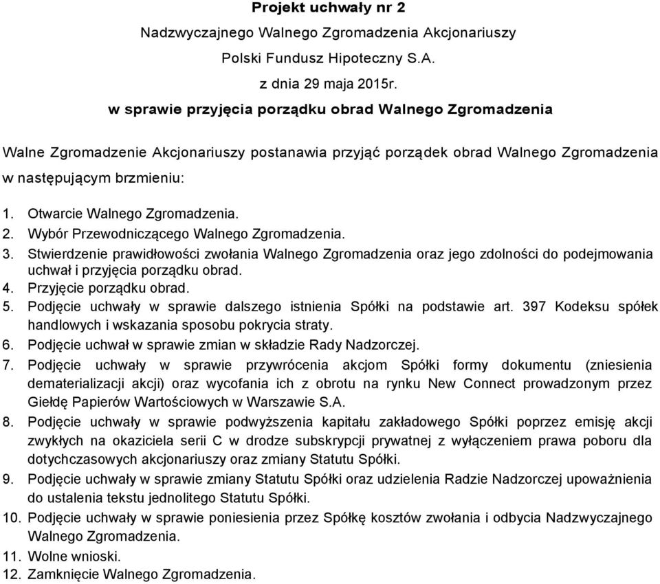 Stwierdzenie prawidłowości zwołania Walnego Zgromadzenia oraz jego zdolności do podejmowania uchwał i przyjęcia porządku obrad. 4. Przyjęcie porządku obrad. 5.