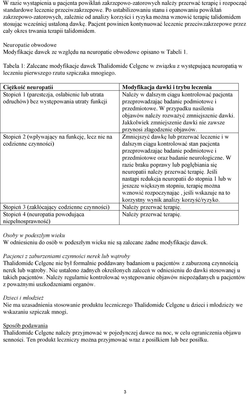 Pacjent powinien kontynuować leczenie przeciwzakrzepowe przez cały okres trwania terapii talidomidem. Neuropatie obwodowe Modyfikacje dawek ze względu na neuropatie obwodowe opisano w Tabeli 1.