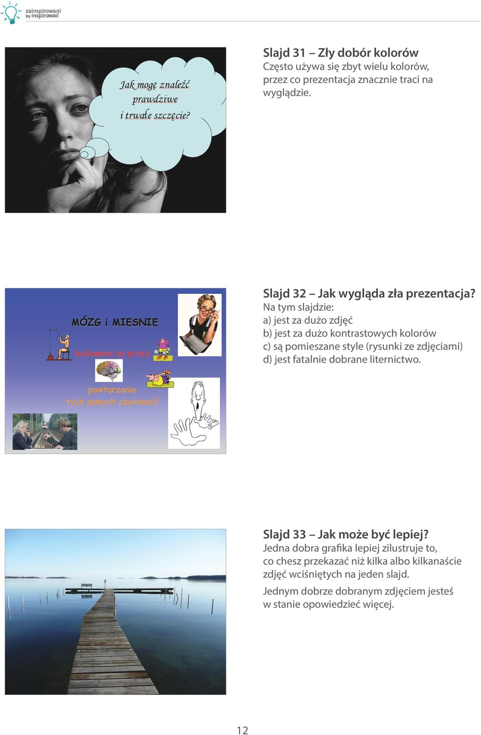 Na tym slajdzie: a) jest za dużo zdjęć b) jest za dużo kontrastowych kolorów c) są pomieszane style (rysunki ze zdjęciami) d) jest fatalnie dobrane
