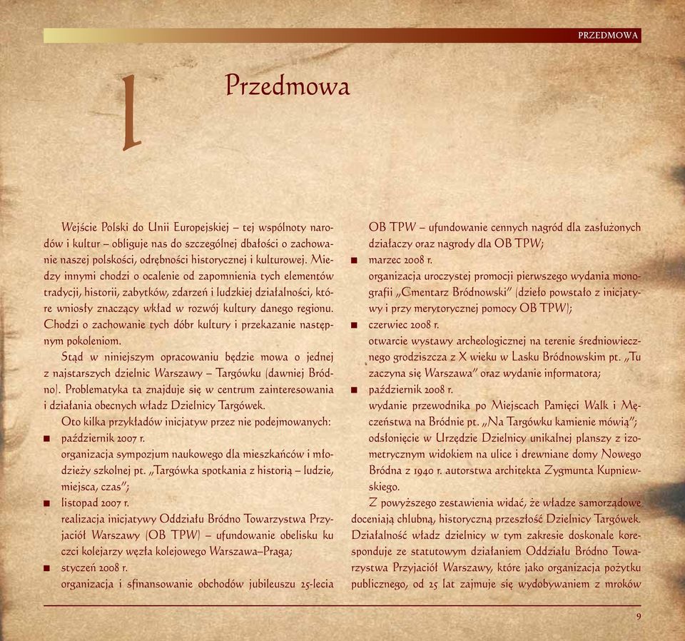 Chodzi o zachowanie tych dóbr kultury i przekazanie następnym pokoleniom. Stąd w niniejszym opracowaniu będzie mowa o jednej z najstarszych dzielnic Warszawy Targówku (dawniej Bródno).