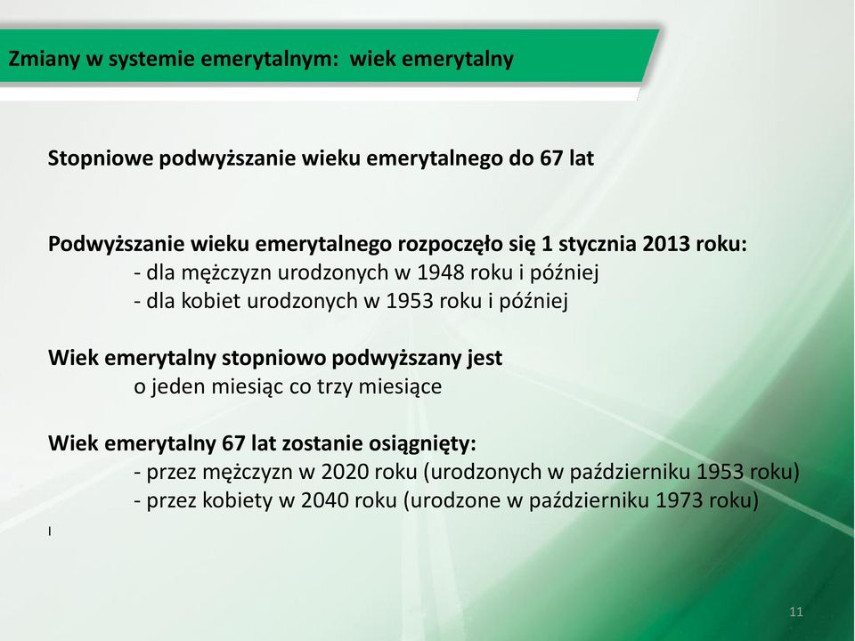 roku i później Wiek emerytalny stopniowo podwyższany jest o jeden miesiąc co trzy miesiące Wiek emerytalny 67 lat zostanie