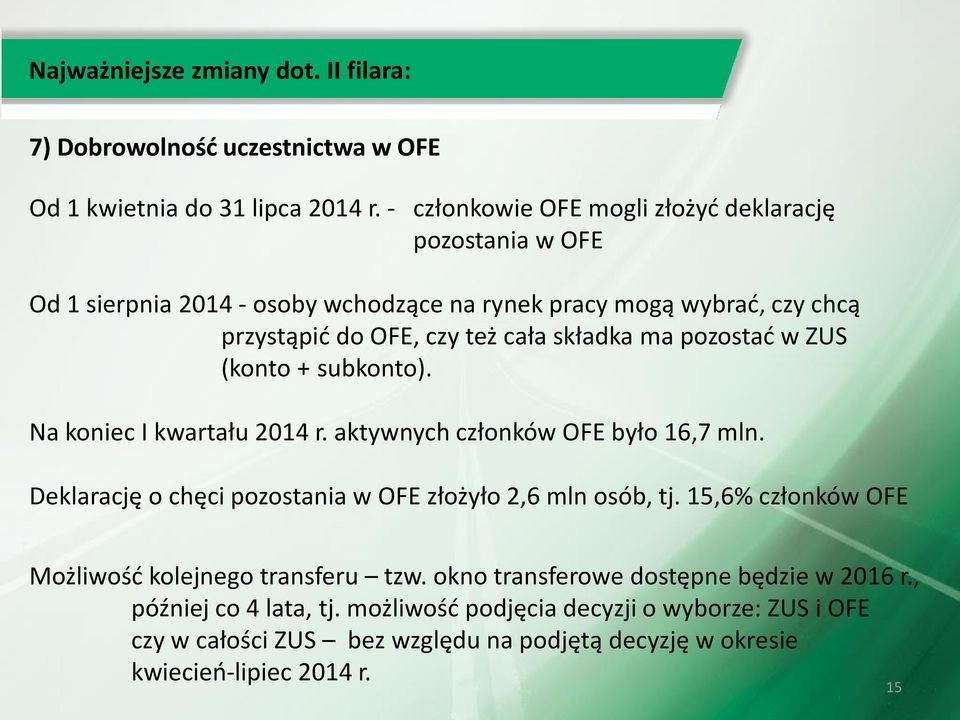 pozostać w ZUS (konto + subkonto). Na koniec I kwartału 2014 r. aktywnych członków OFE było 16,7 mln. Deklarację o chęci pozostania w OFE złożyło 2,6 mln osób, tj.