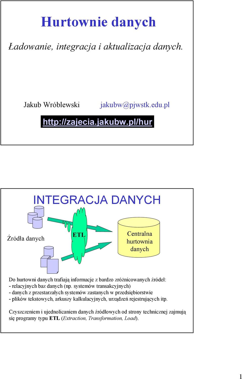 pl/hur INTEGRACJA DANYCH Źródła danych ETL Centralna hurtownia danych Do hurtowni danych trafiają informacje z bardzo zróżnicowanych źródeł: -