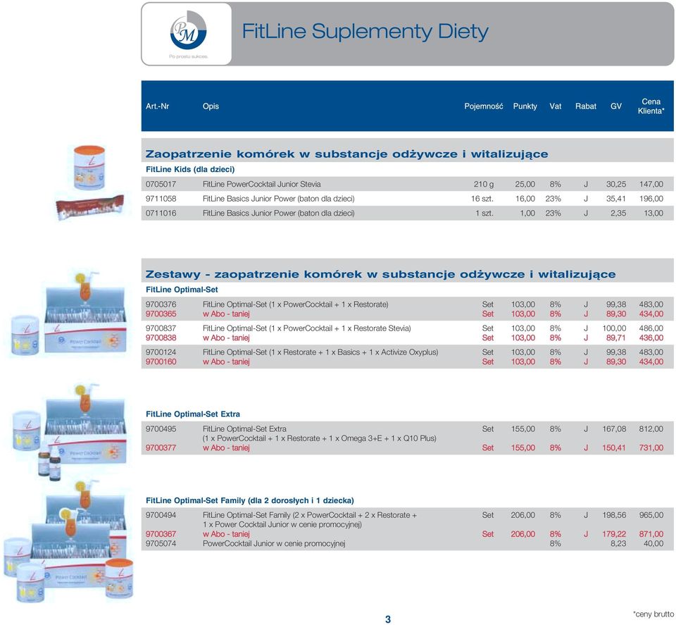 1,00 23% J 2,35 13,00 Zestawy - zaopatrzenie komórek w substancje odżywcze i witalizujące FitLine Optimal-Set 9700376 FitLine Optimal-Set (1 x PowerCocktail + 1 x Restorate) Set 103,00 8% J 99,38