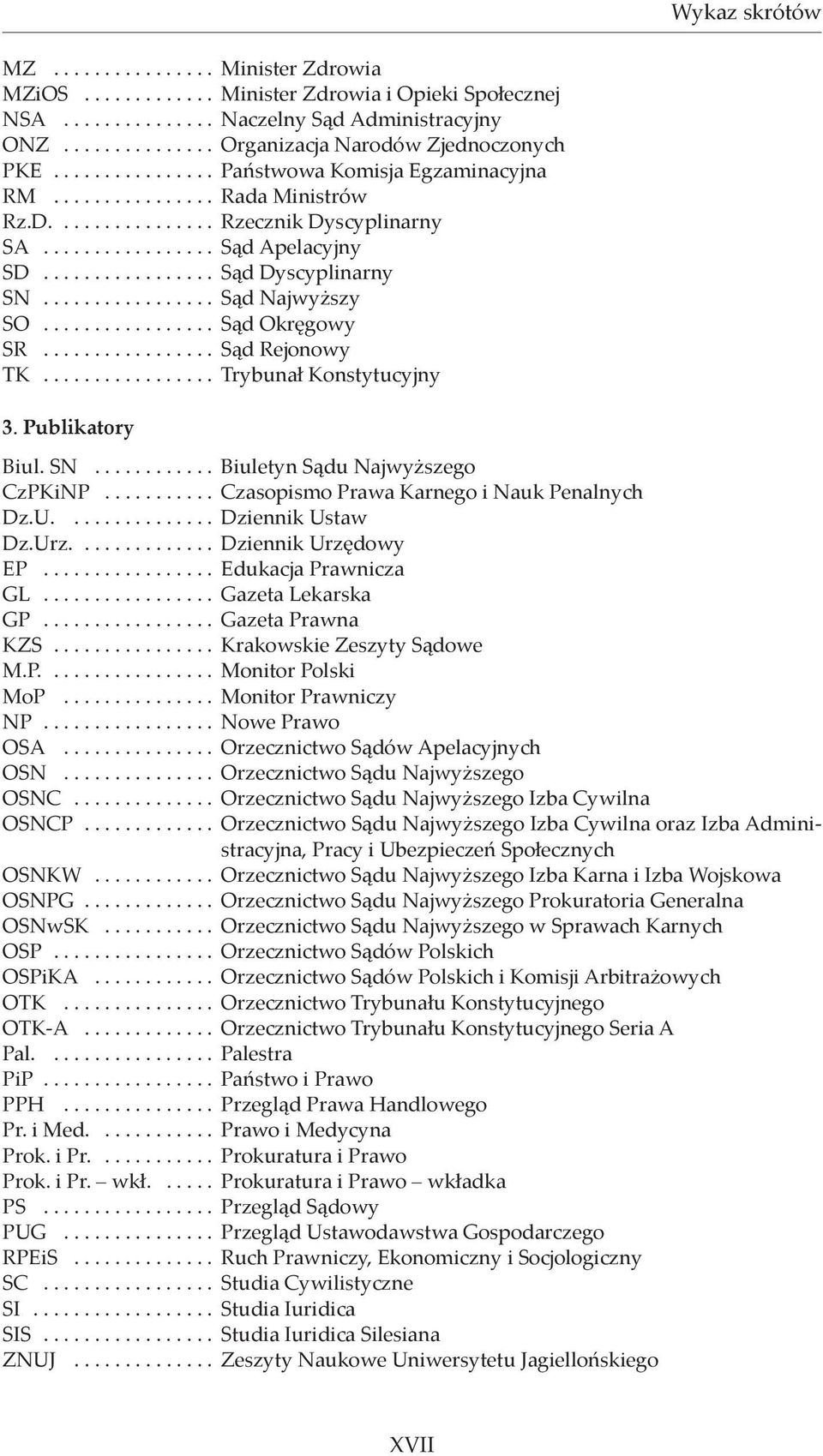 ................ Sąd Najwyższy SO................. Sąd Okręgowy SR................. Sąd Rejonowy TK................. Trybunał Konstytucyjny 3. Publikatory Biul. SN............ Biuletyn Sądu Najwyższego CzPKiNP.