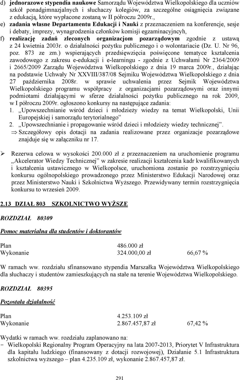 , e) zadania własne Departamentu Edukacji i Nauki z przeznaczeniem na konferencje, sesje i debaty, imprezy, wynagrodzenia członków komisji egzaminacyjncyh, f) realizację zadań zleconych organizacjom