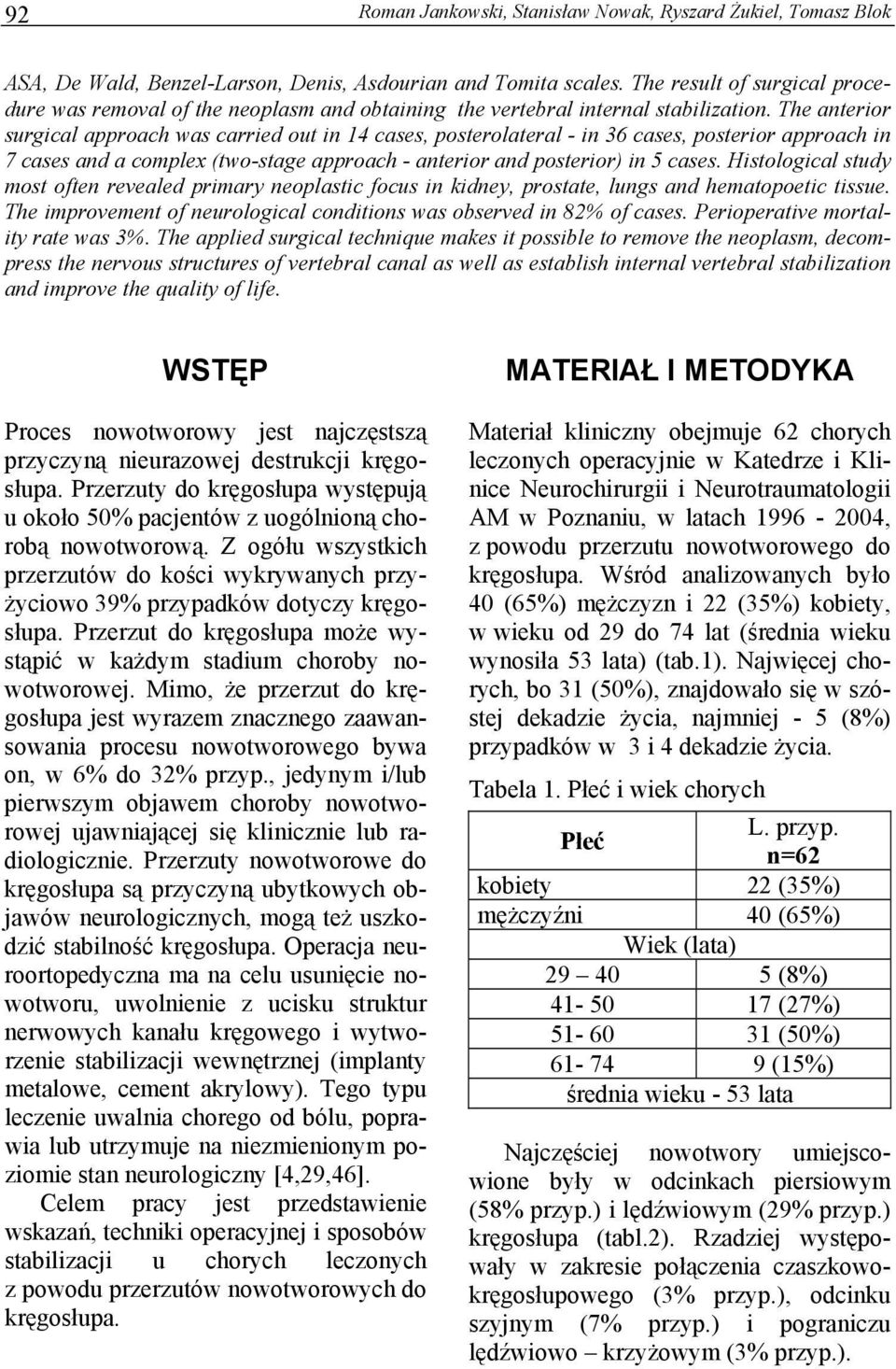 The anterior surgical approach was carried out in 14 cases, posterolateral - in 36 cases, posterior approach in 7 cases and a complex (two-stage approach - anterior and posterior) in 5 cases.