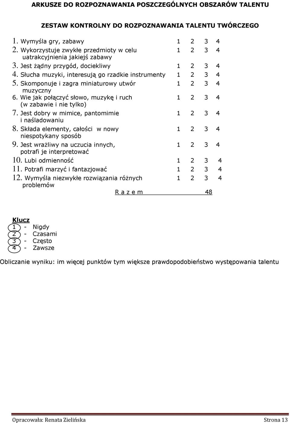 Skomponuje i zagra miniaturowy utwór 1 2 3 4 muzyczny 6. Wie jak połączyć słowo, muzykę i ruch 1 2 3 4 (w zabawie i nie tylko) 7. Jest dobry w mimice, pantomimie 1 2 3 4 i naśladowaniu 8.