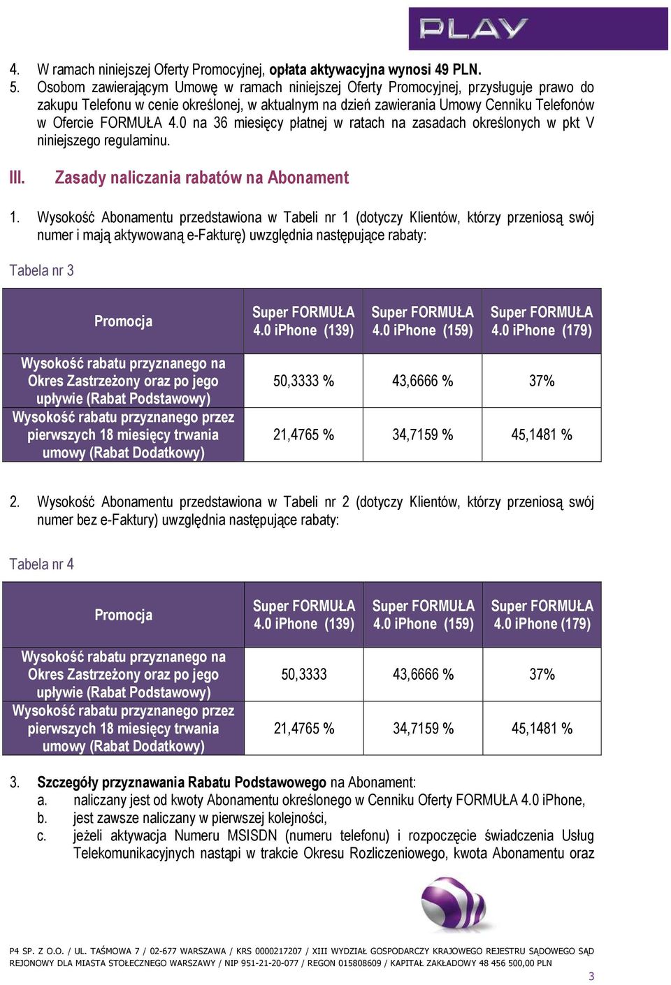 0 na 36 miesięcy płatnej w ratach na zasadach określonych w pkt V niniejszego regulaminu. III. Zasady naliczania rabatów na Abonament 1.