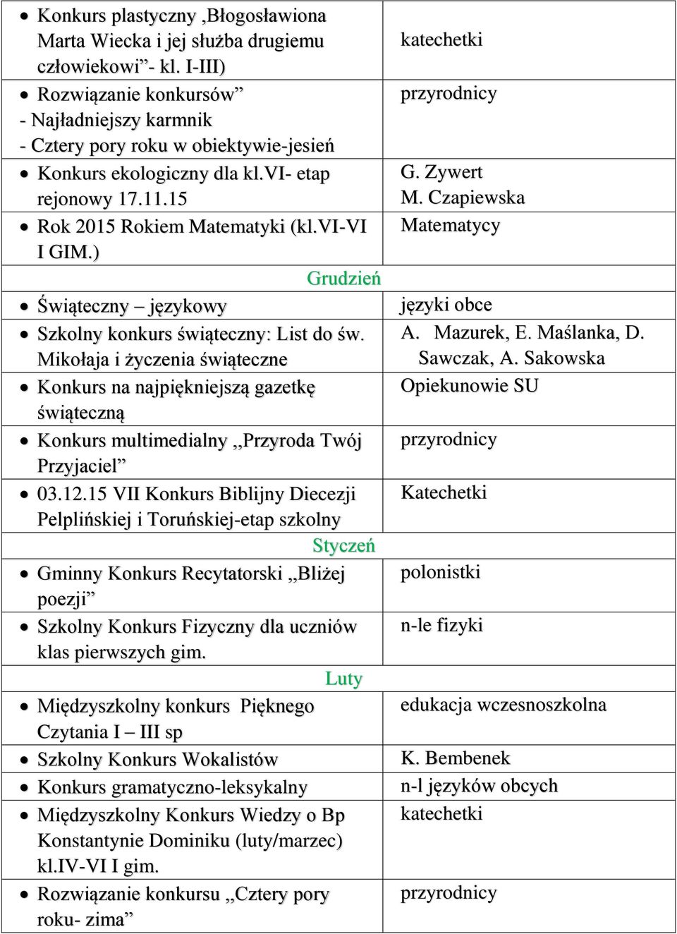 ) Grudzień Świąteczny językowy Szkolny konkurs świąteczny: List do św. Mikołaja i życzenia świąteczne Konkurs na najpiękniejszą gazetkę świąteczną Konkurs multimedialny,,przyroda Twój Przyjaciel 03.