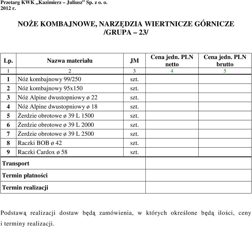 4 NóŜ Alpine dwustopniowy ø 18 szt. 5 śerdzie obrotowe ø 39 L 1500 szt. 6 śerdzie obrotowe ø 39 L 2000 szt. 7 śerdzie obrotowe ø 39 L 2500 szt.