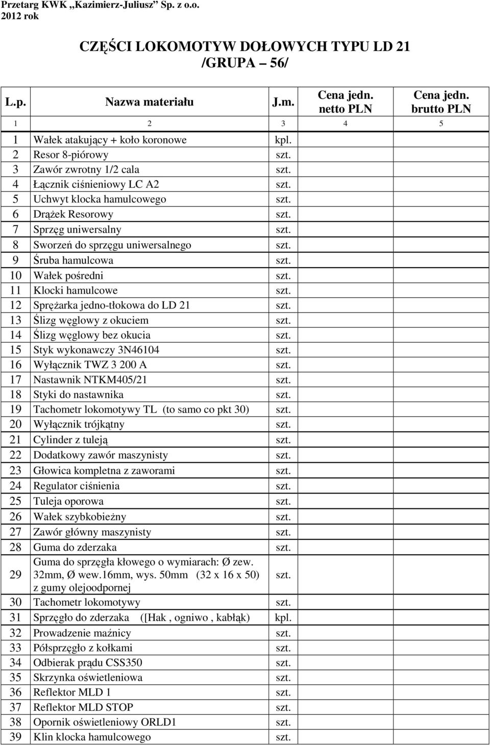 8 Sworzeń do sprzęgu uniwersalnego szt. 9 Śruba hamulcowa szt. 10 Wałek pośredni szt. 11 Klocki hamulcowe szt. 12 SpręŜarka jedno-tłokowa do LD 21 szt. 13 Ślizg węglowy z okuciem szt.
