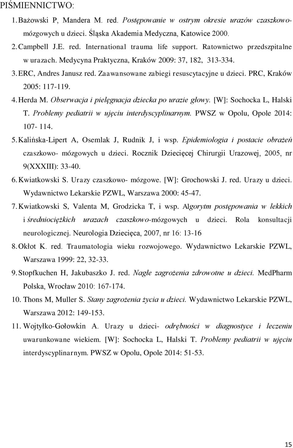 Herda M. Obserwacja i pielęgnacja dziecka po urazie głowy. [W]: Sochocka L, Halski T. Problemy pediatrii w ujęciu interdyscyplinarnym. PWSZ w Opolu, Opole 2014: 107-114. 5.