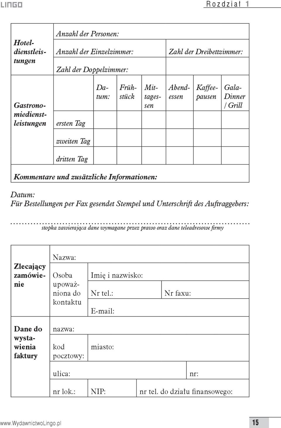 gesendet Stempel und Unterschrift des Auftraggebers: stopka zawierająca dane wymagane przez prawo oraz dane teleadresowe firmy Zlecający zamówienie Nazwa: Osoba upoważniona do