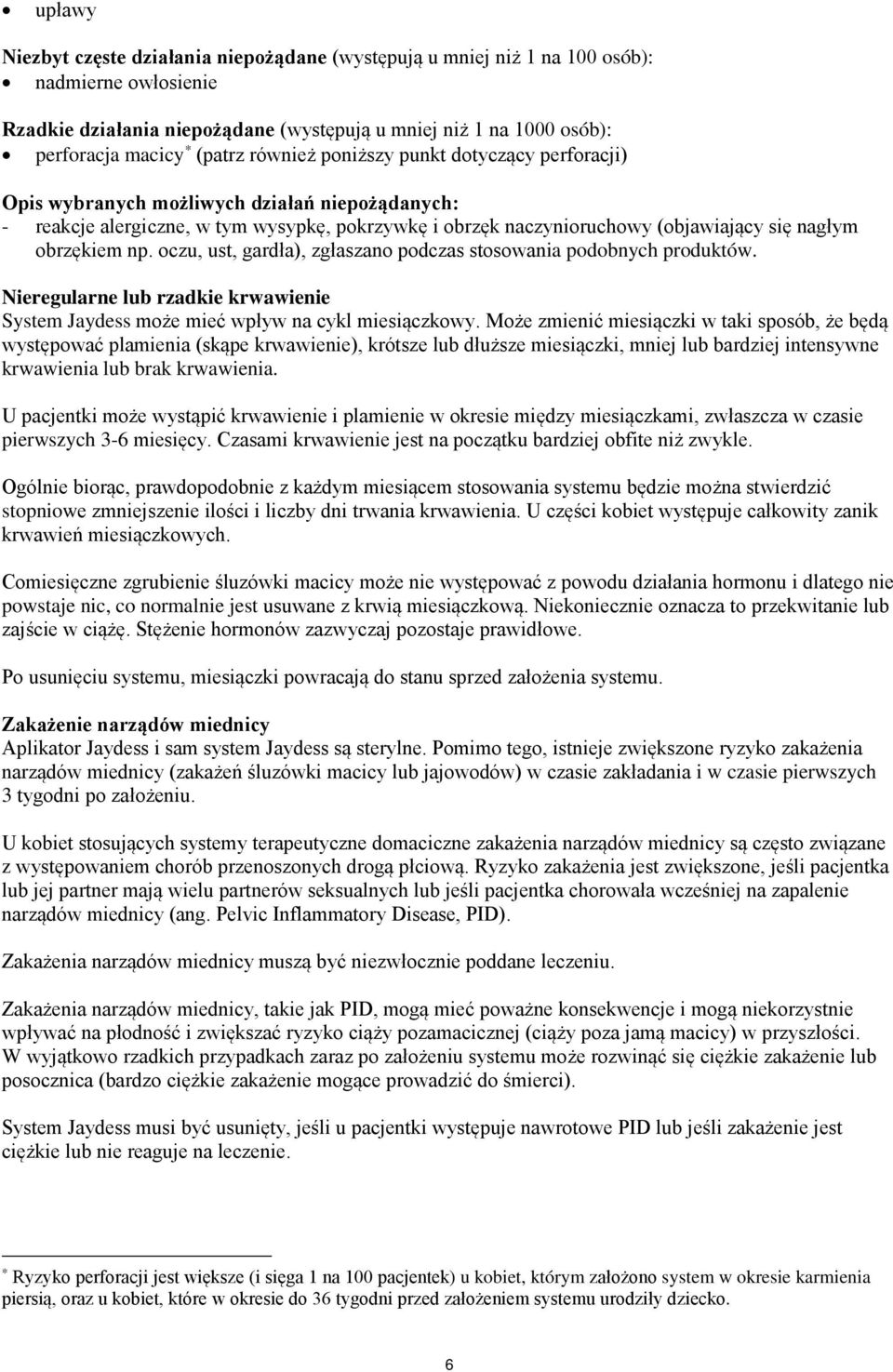 obrzękiem np. oczu, ust, gardła), zgłaszano podczas stosowania podobnych produktów. Nieregularne lub rzadkie krwawienie System Jaydess może mieć wpływ na cykl miesiączkowy.